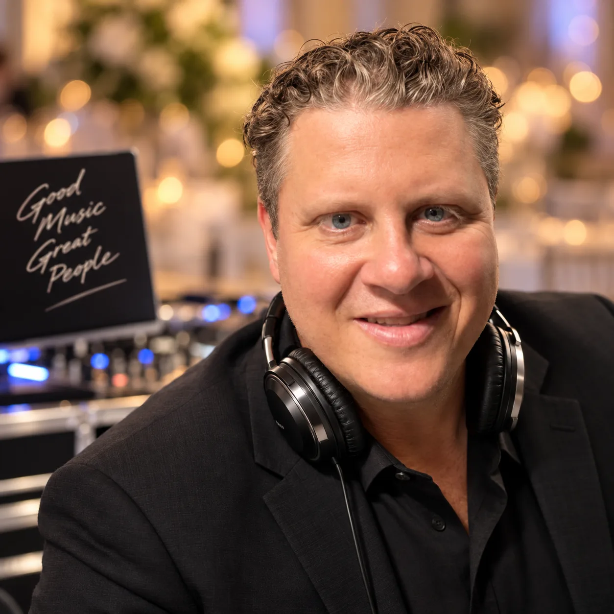 Joey Brooks, Connecticut wedding DJ, smiling with headphones at a wedding reception